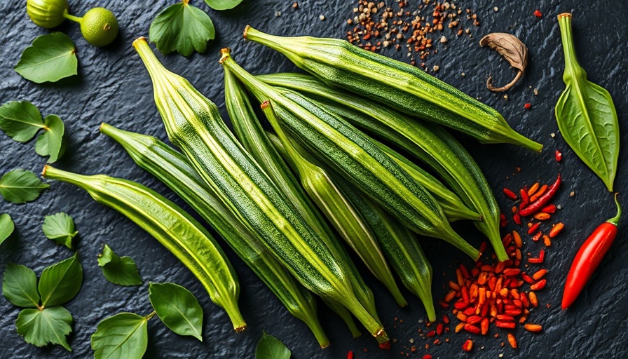 Fresh green okra surrounded by vegetables, illustrates natural solutions to microplastic pollution.