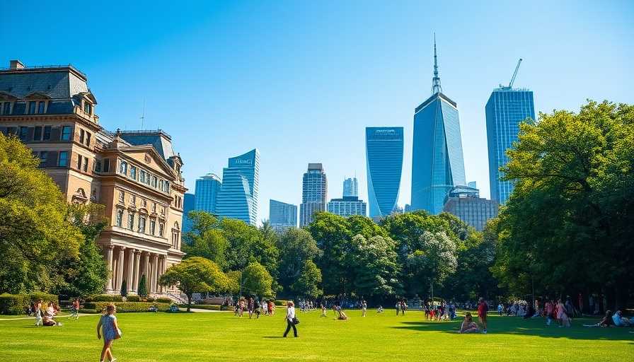 People enjoying UK hottest and sunniest spring in a green park with city skyline.