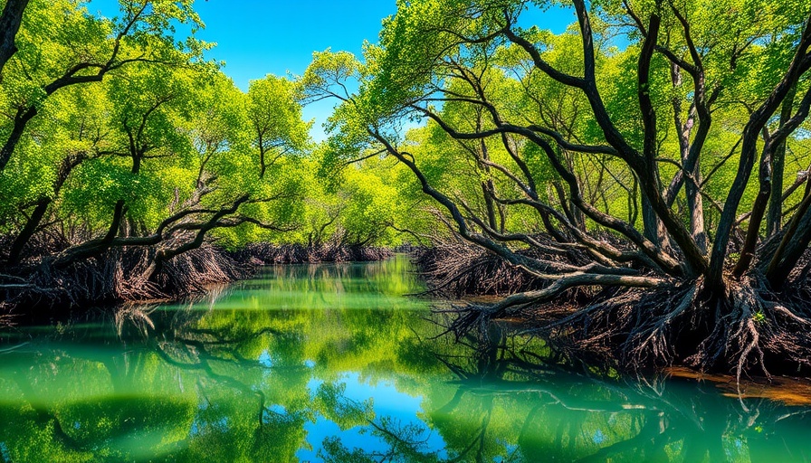 Resilient mangrove forest reflecting in calm water