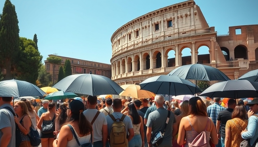 Tourists with umbrellas at the Colosseum during extreme heat