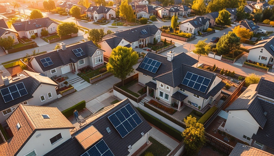 Aerial view of UK suburb with solar panels, solar power generation UK.