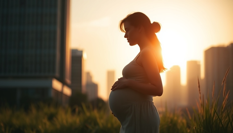 Pregnant woman silhouette in cityscape illustrating air pollution and pregnancy risks.
