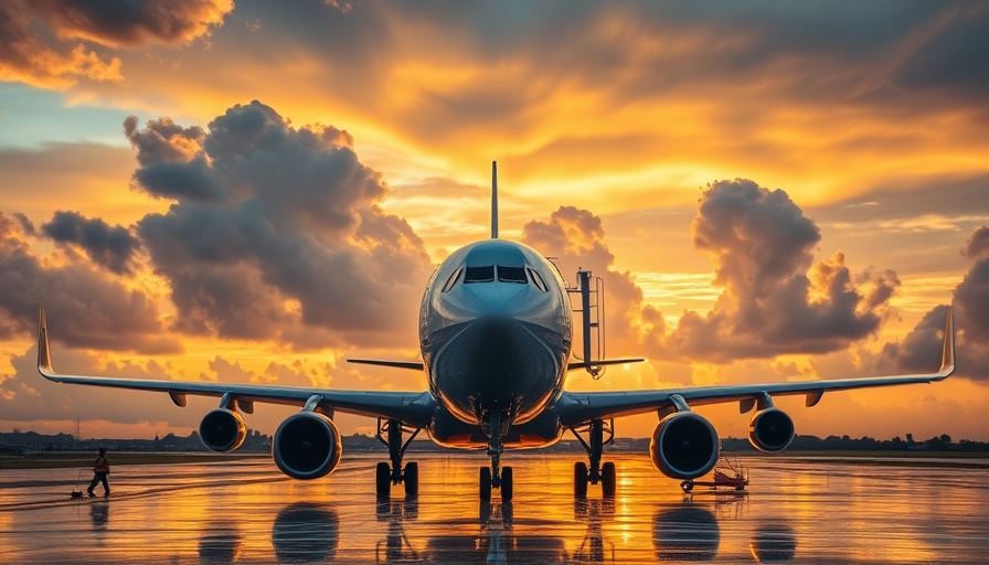 Airplane refueling with sustainable aviation fuel at sunset.