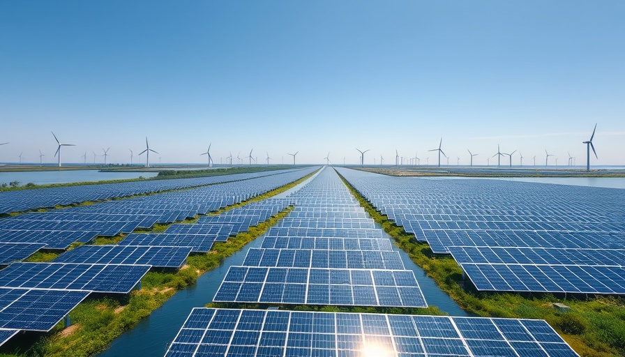 Aerial view of solar panels over water with wind turbines, showcasing clean technologies in hospitality.