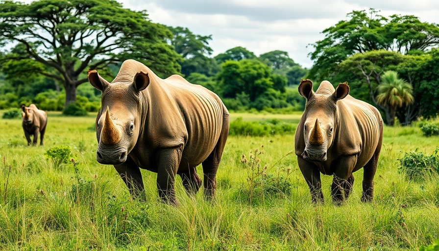 Two rhinos in savannah indicating dehorning rhinos process.