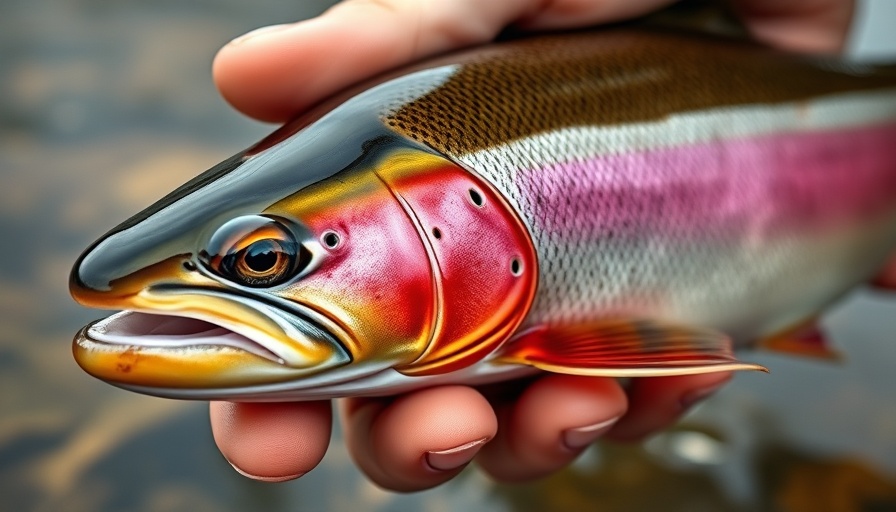 Close-up of distressed rainbow trout held in hands.