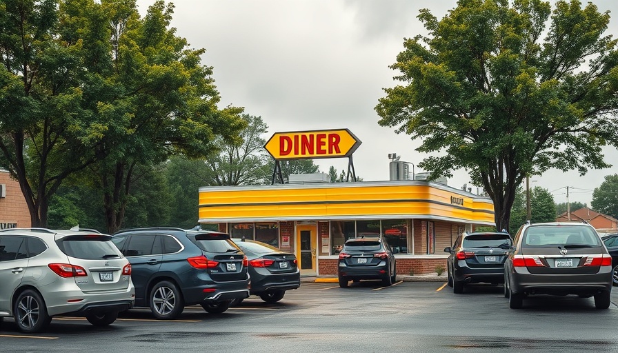 Parking lot at diner with multiple cars under cloudy sky.