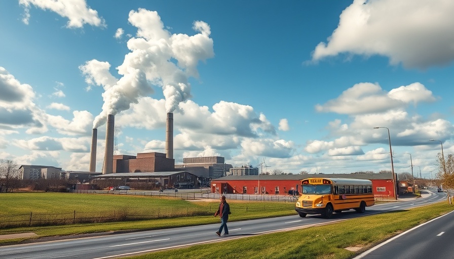 Power plant emissions near suburban road with school bus.