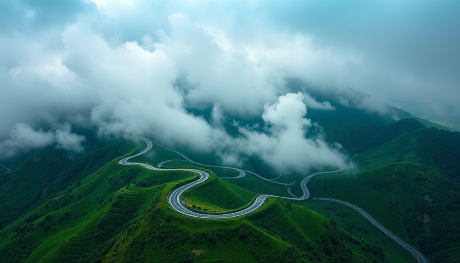 Aerial view of mountain road with clouds and sustainability logo, carbon removals in boutique hospitality.
