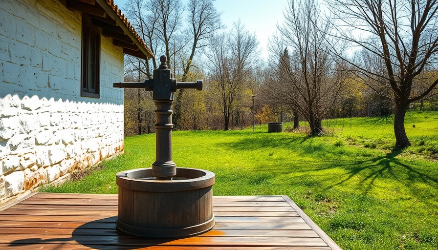 Rustic water pump near a stone building, serene setting.