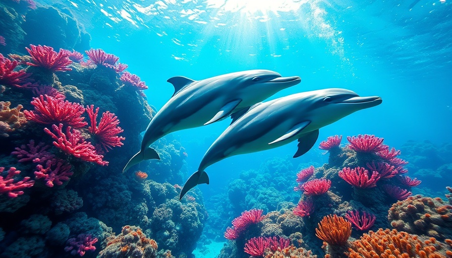 Two dolphins swimming near colorful coral reef for 2025 UN World Oceans Day.