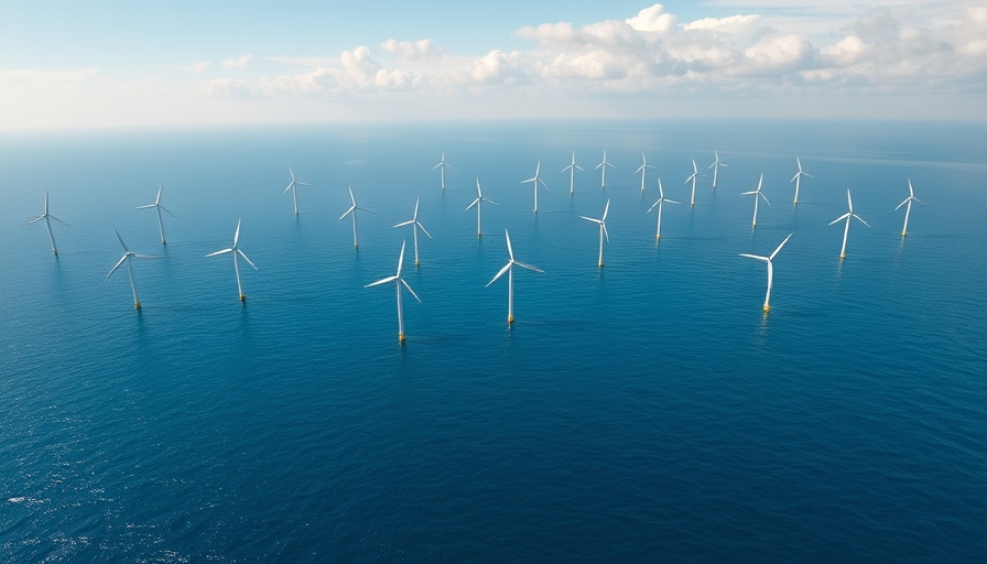 Offshore wind turbines in ocean under a cloudy sky.