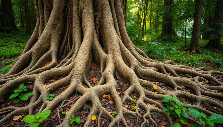 Deep root systems in plants, large tree roots spreading in forest.