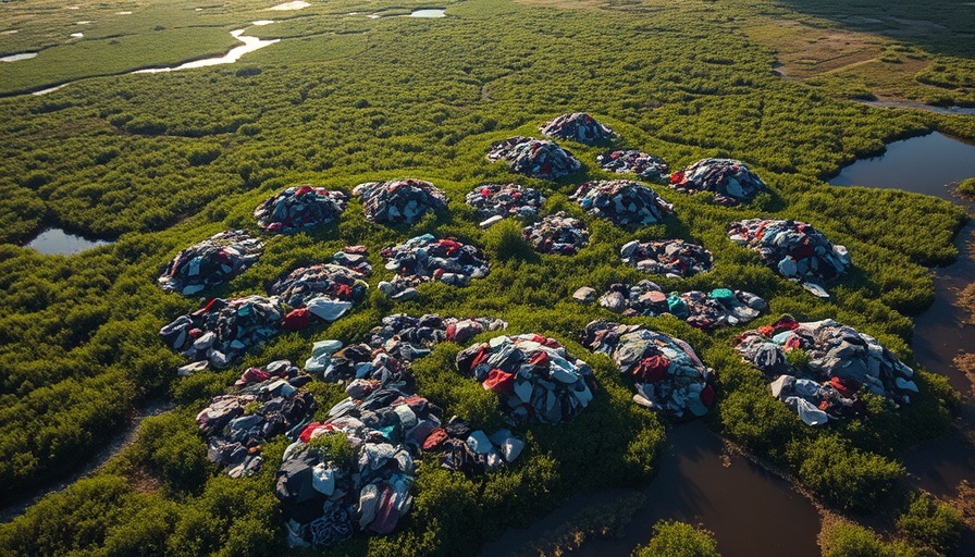 Discarded clothing polluting protected wetlands, aerial view.