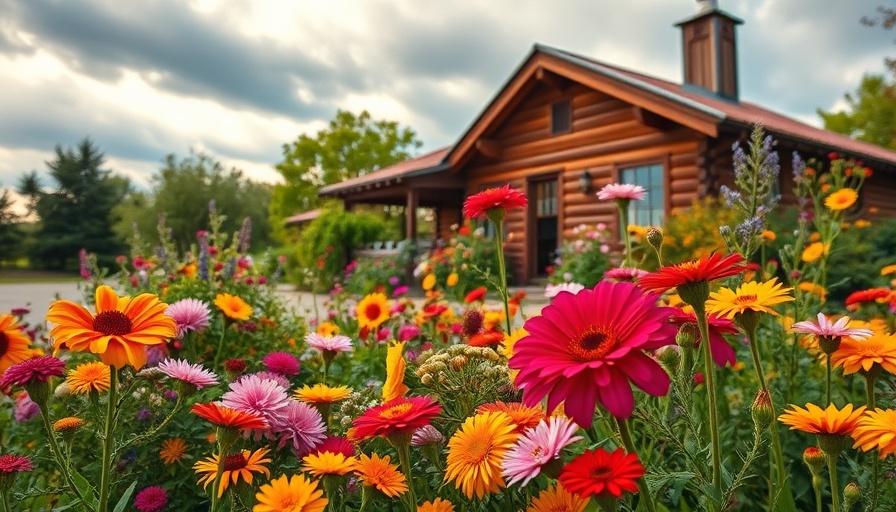 Vibrant garden flowers in full bloom by a rustic house.