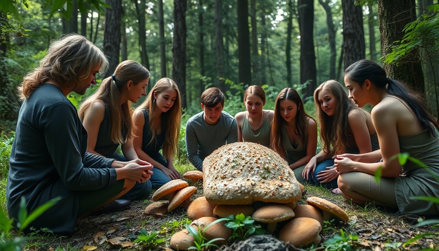 Group gathers for a mushroom casket burial in a serene forest setting.