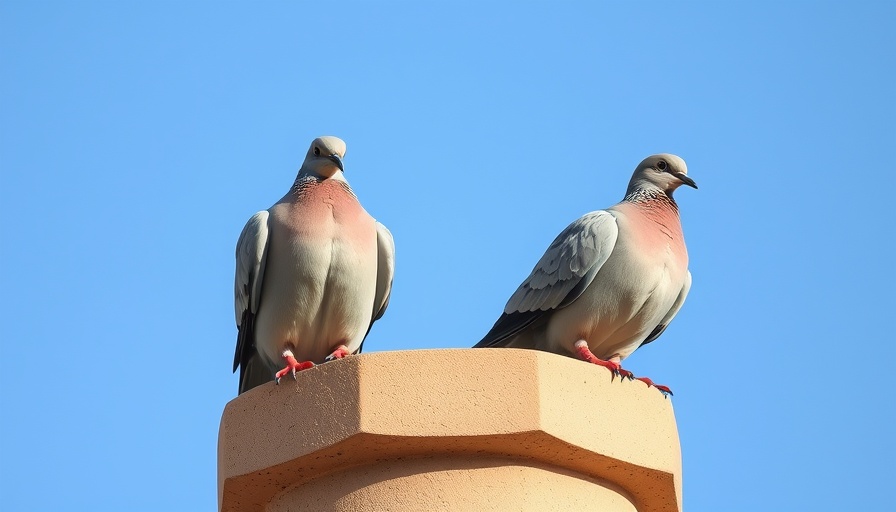 Turtle doves resting on pillar, blue sky background