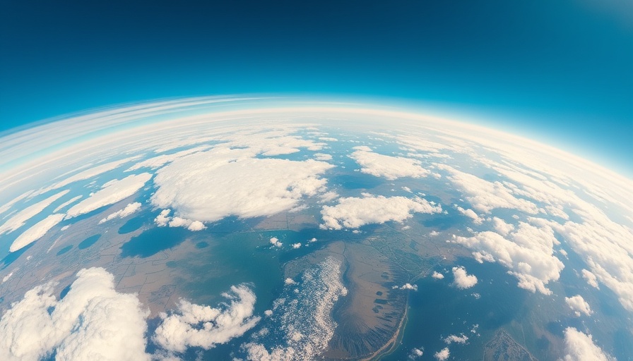 Aerial view with curved horizon, cloud cover loss global temperatures, photorealistic.
