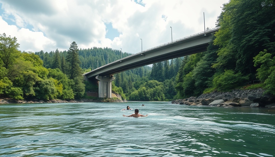 Alabama river scene with swimmers under bridge, addressing water toxicity standards.