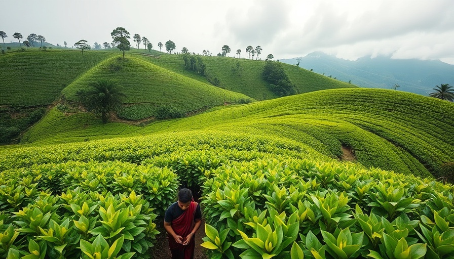 Tea plantation worker in Asia tending plants, illustrating warming impact.