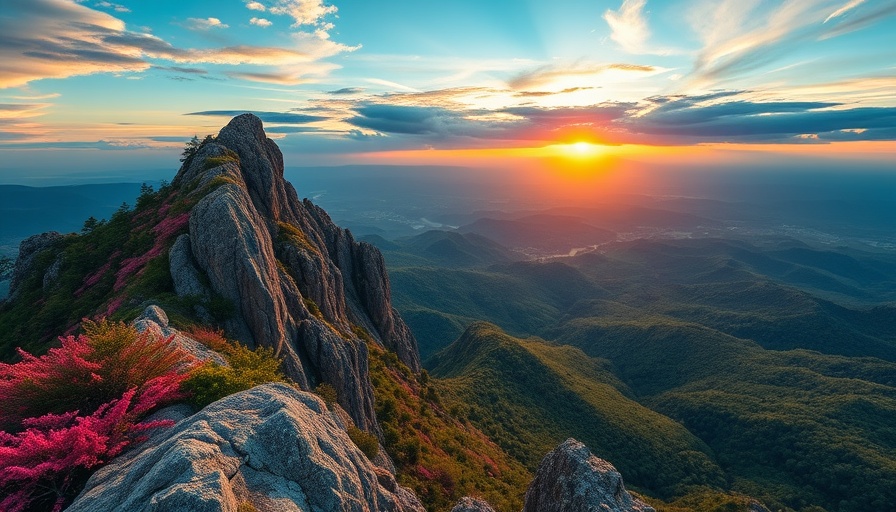 Grandfather Mountain travel: panoramic sunrise view with rocky peak and laurel.