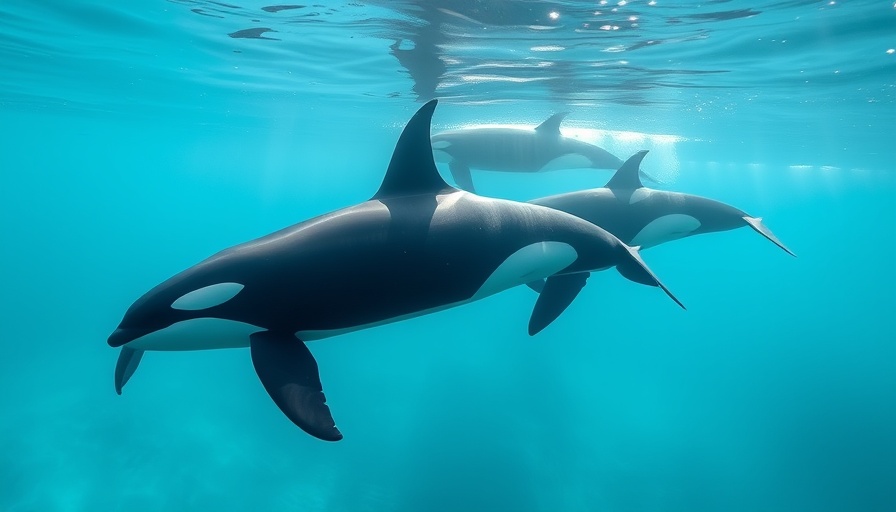 Southern Resident orcas tool-making, pair swimming gracefully underwater.