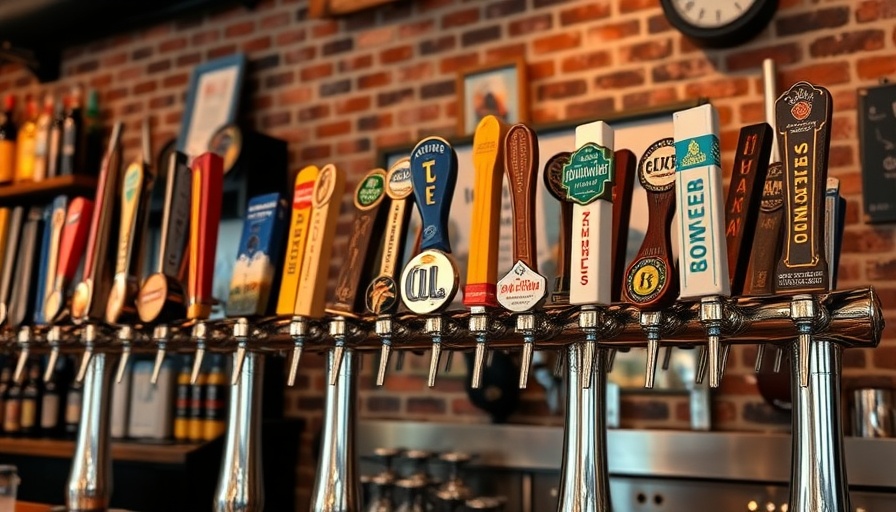 Various beer taps at Flying Saucer in a cozy bar setting.