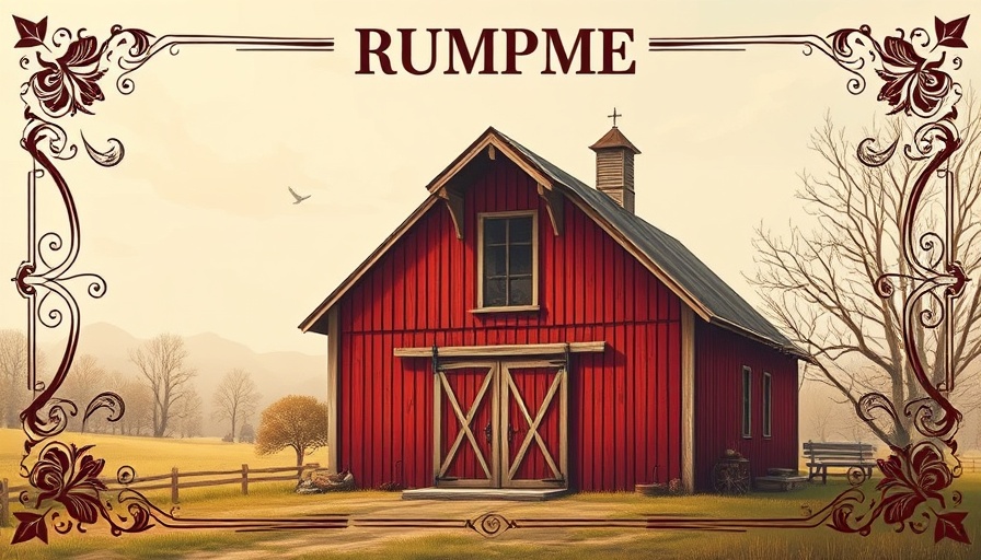 Saturday Slowdown at RambleRill Farm vintage red barn illustration.