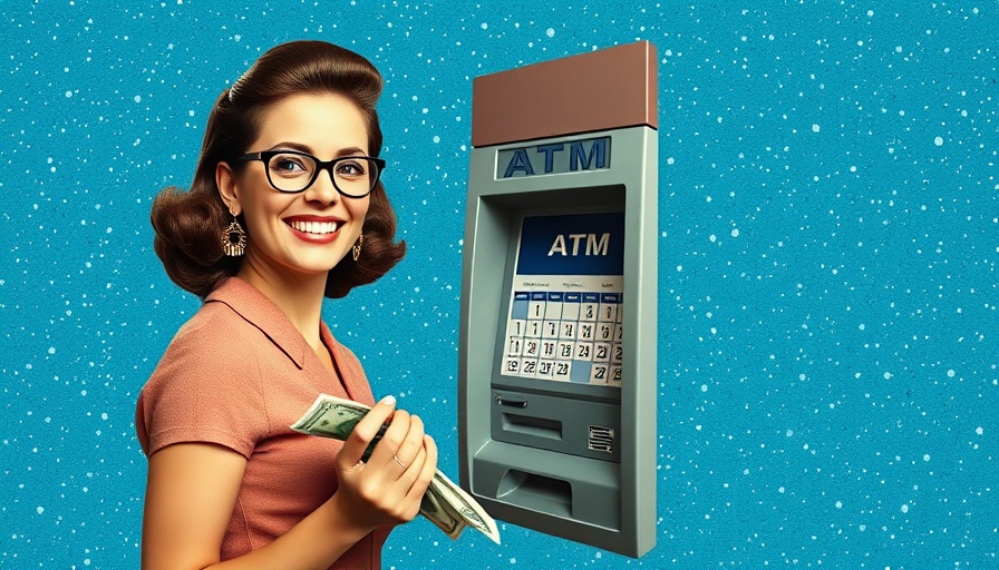 Retro illustration of earned wage access with woman using a calendar ATM.