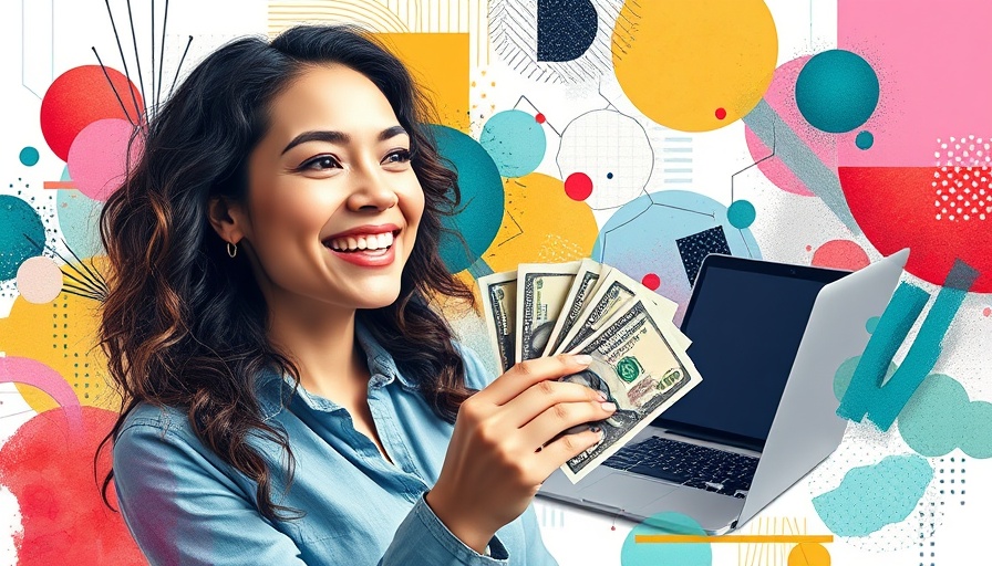Collage of payroll software concept with woman, money, and laptop.