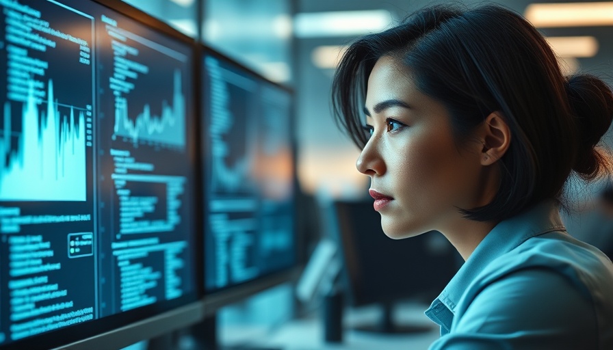 Focused woman analyzing data on screen, reflecting code and graphs, related to Enrich Layer Acquires HR Signal.