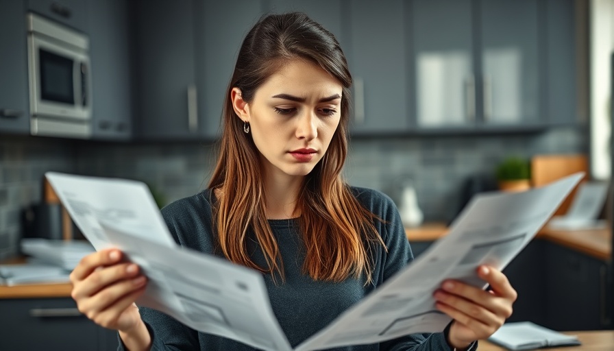 Stressed woman reviewing bills indicating personal income decline.