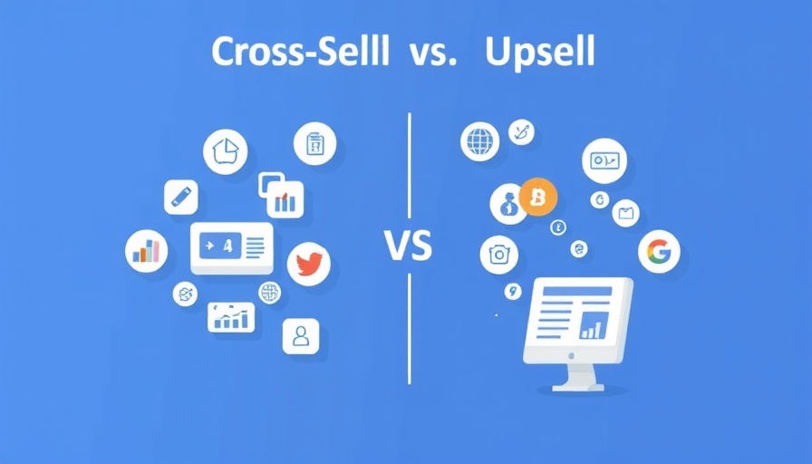 Illustration comparing Cross-Sell vs Upsell with business icons.
