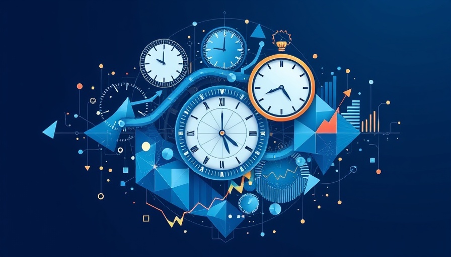Abstract illustration of time and data analysis elements in blue.