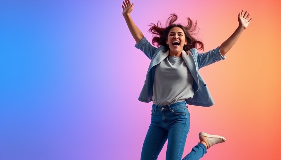 Cheerful woman jumping, B2B sales success, LinkedIn theme