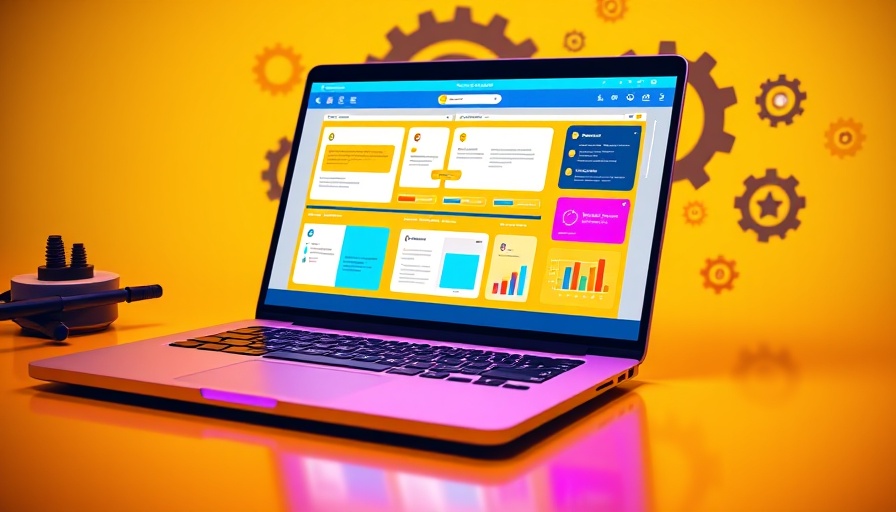 Cartoon style laptop displaying templates, vibrant yellow background.