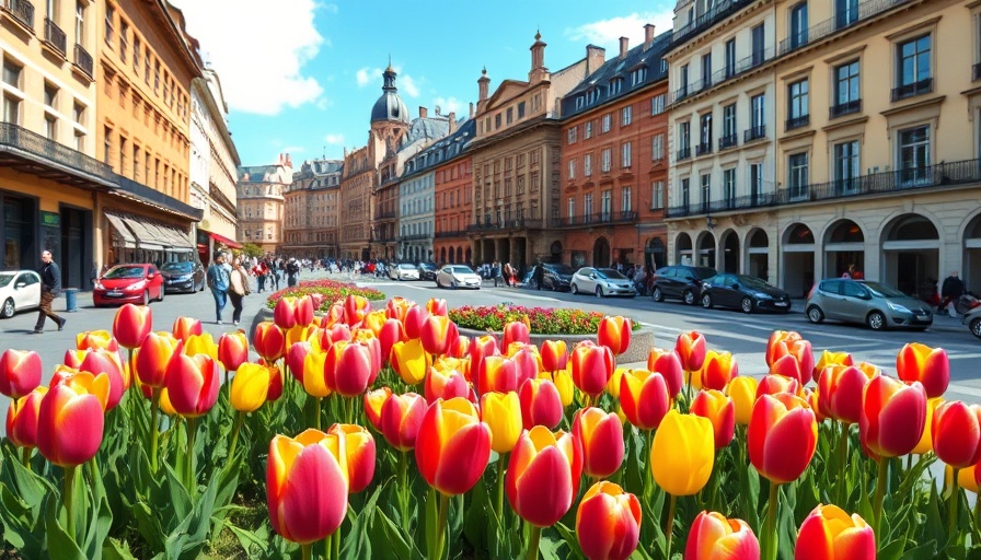 Sunny urban square with colorful tulips and elegant buildings.
