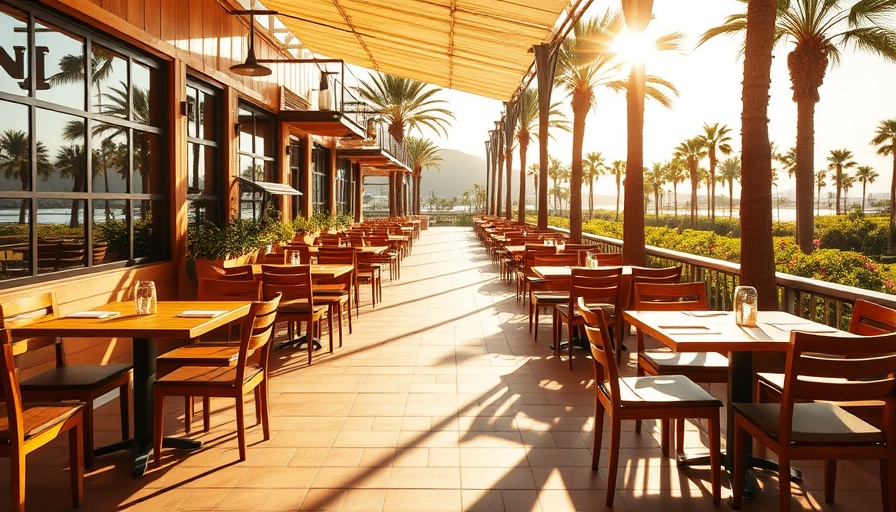 Sunlit outdoor restaurant patio with wooden furniture in summer.