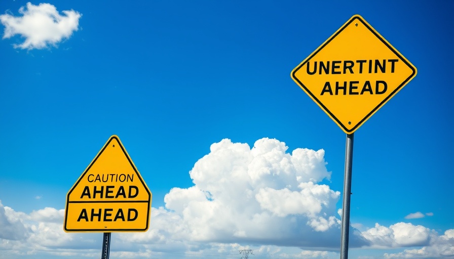Caution sign reading 'Uncertainty Ahead' against bright sky.