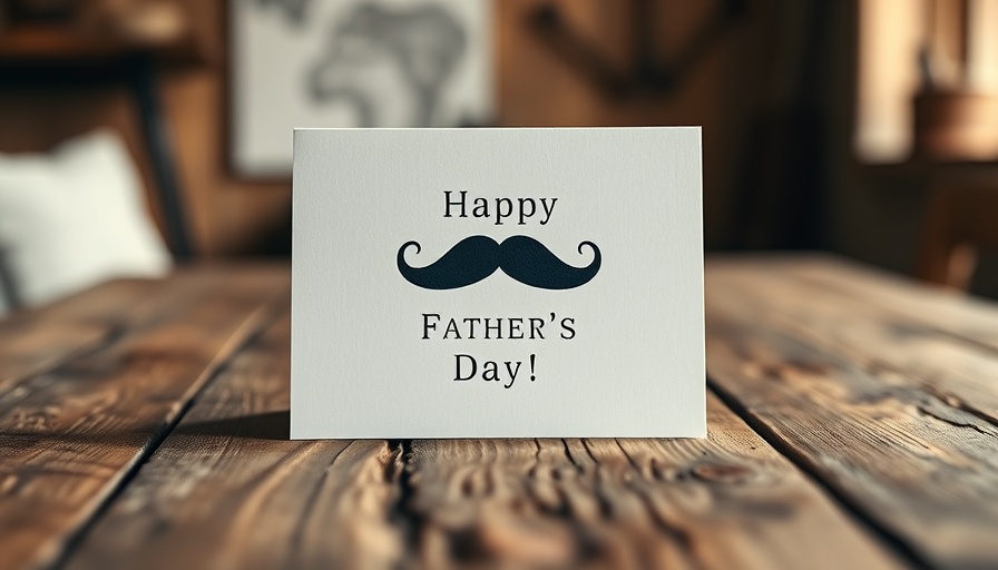 Father's Day card with mustache on wooden table.