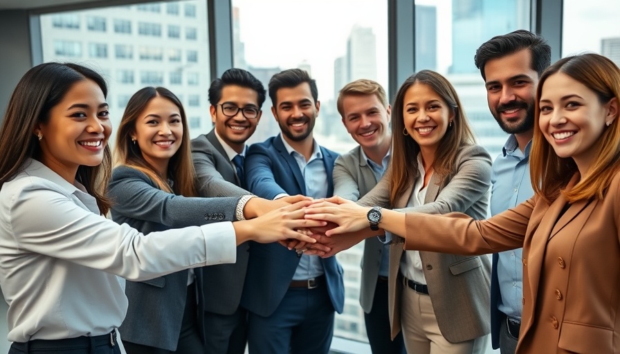 Diverse team engaging in unified company culture with teamwork gesture.