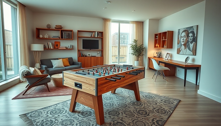 Modern man cave office design with foosball table and decor.