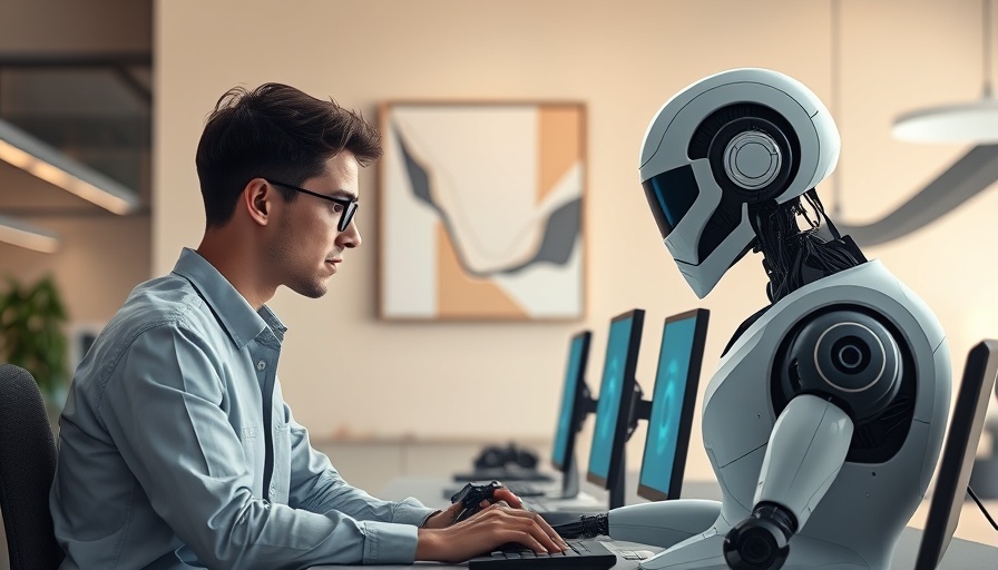 Illustration of human and robot working together in office, emphasizing AI collaboration.