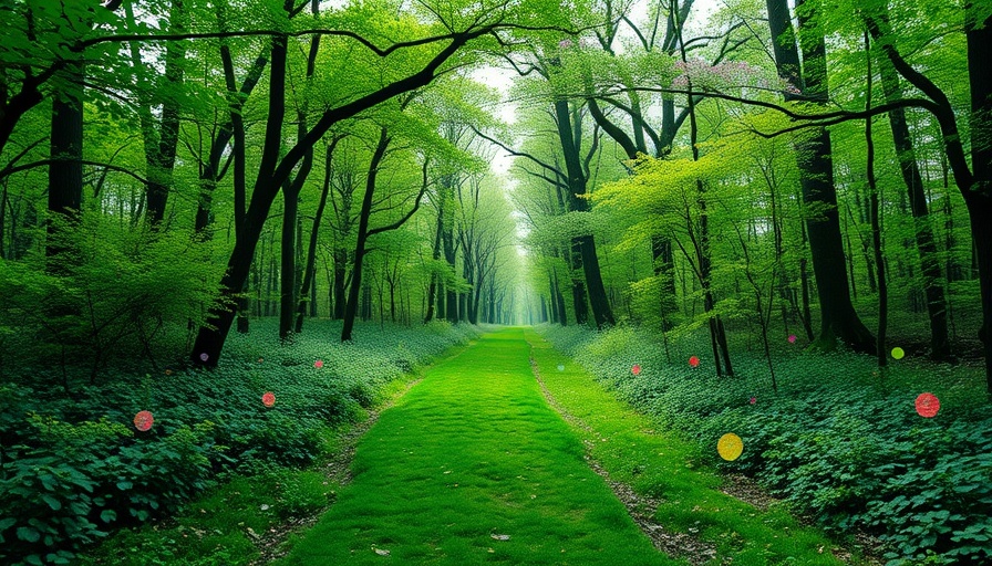 Lush green forest path with colorful accents, clean creatives fossil fuels marketing.