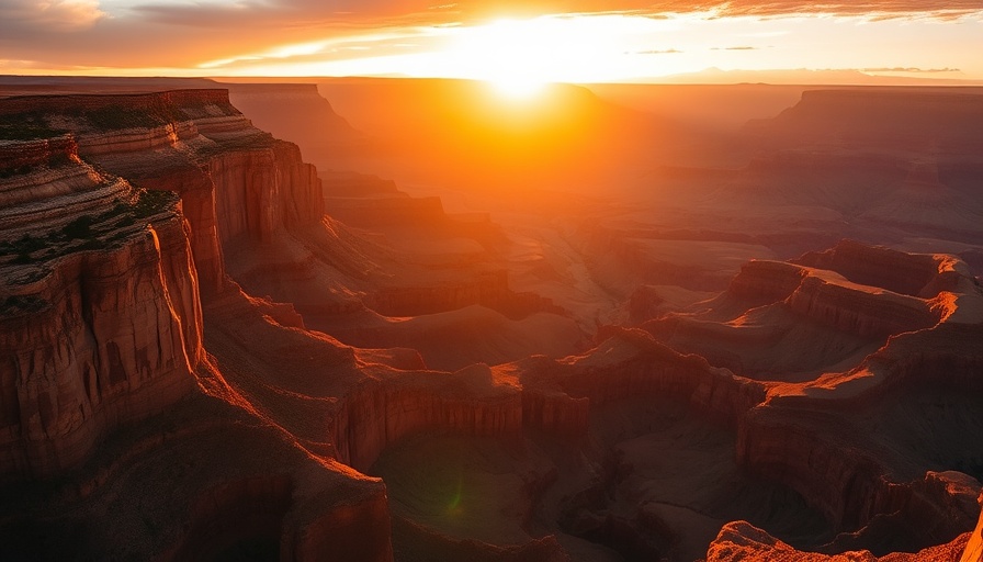 Sunrise at the Grand Canyon with golden light on red rocks.
