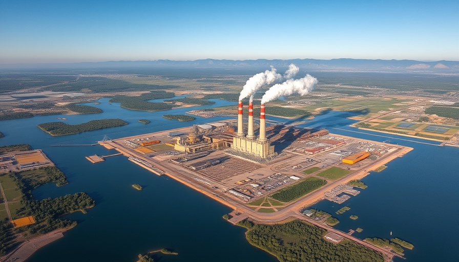 Aerial view of a power plant near water bodies highlighting environmental impact