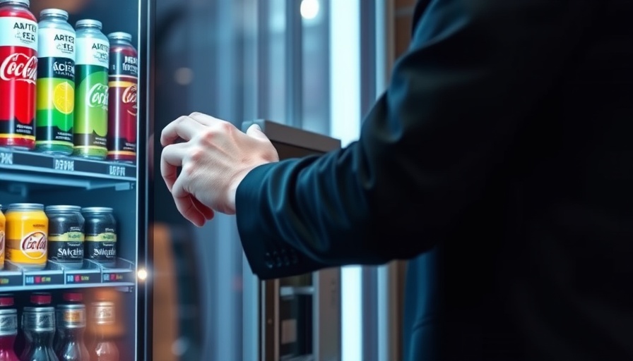 Close-up hand retrieving drink from vending machine in business setting.