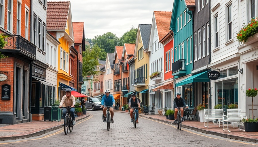 Cyclists riding through a bike-friendly city with colorful buildings.