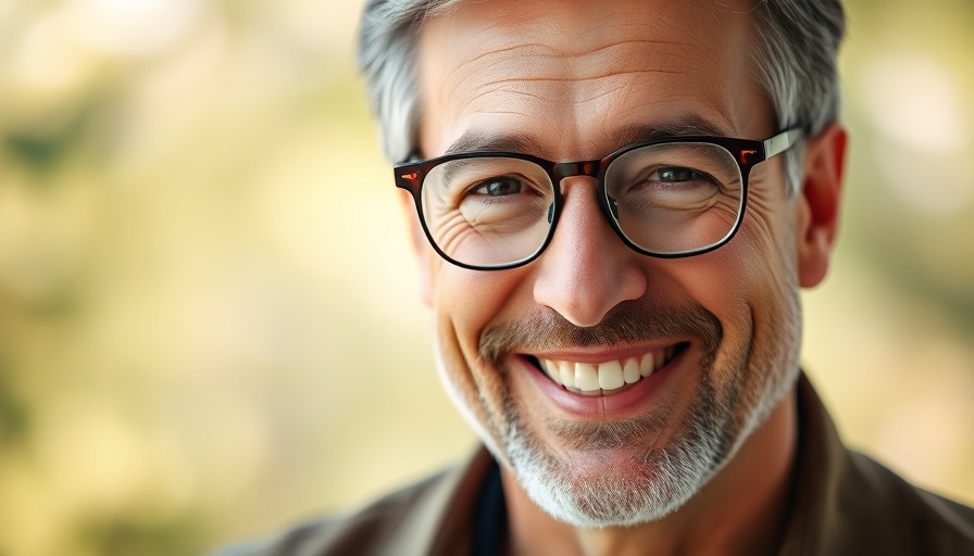 Middle-aged man smiling in warm light, close-up portrait.