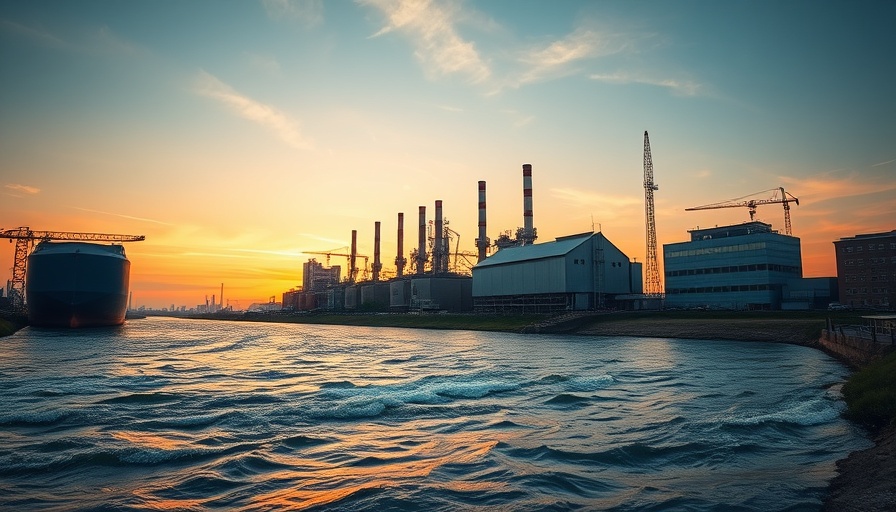 PFAS contamination in waterways near industrial buildings at sunset.